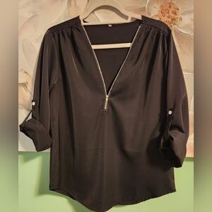 Black Zipper V-Neck Women's Top